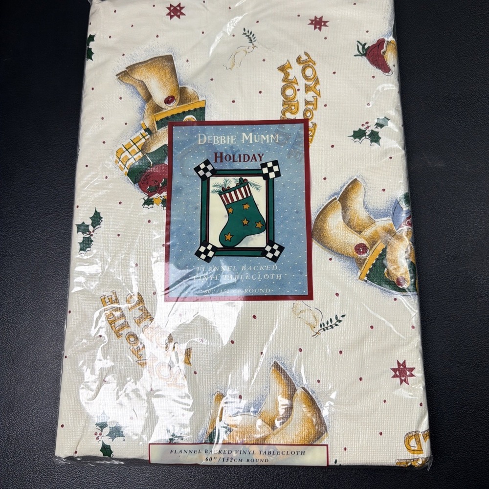 Debbie Mumm Holiday Flannel Backed Vinyl Tablecloth Round 60" Bear Christmas